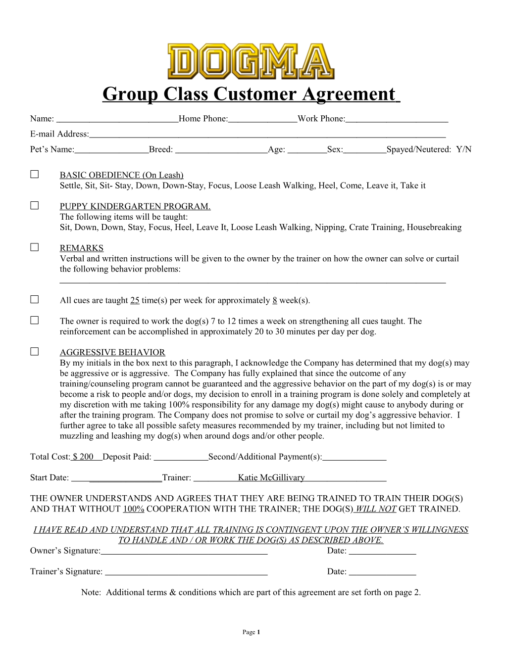 Customer Agreement - Group Classes