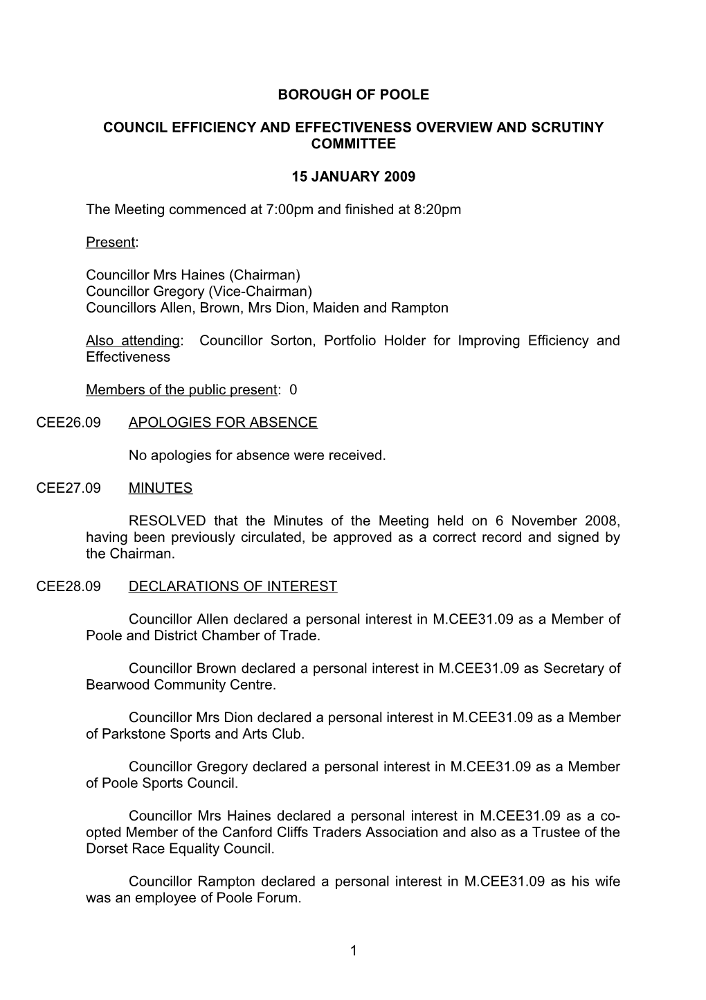 Minutes - Council Efficiency and Effectiveness Overview and Scrutiny Committee - 15 January 2009