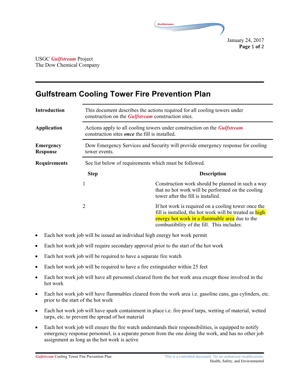 Gulfstream Cooling Tower Fire Prevention Plan