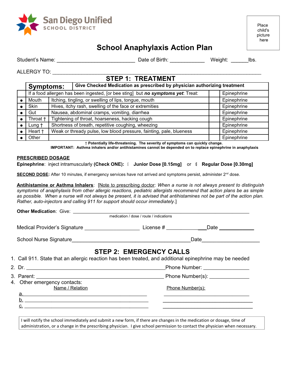 School Anaphylaxis Action Plan