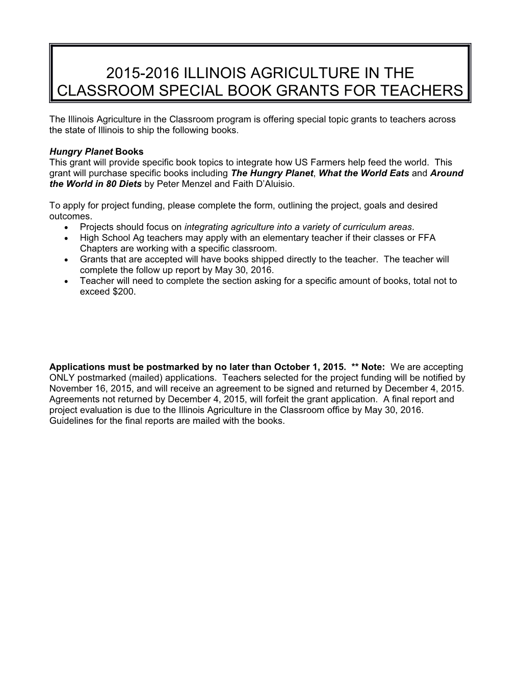 2015-2016Illinois Agriculture in the Classroom Special Book Grants for Teachers