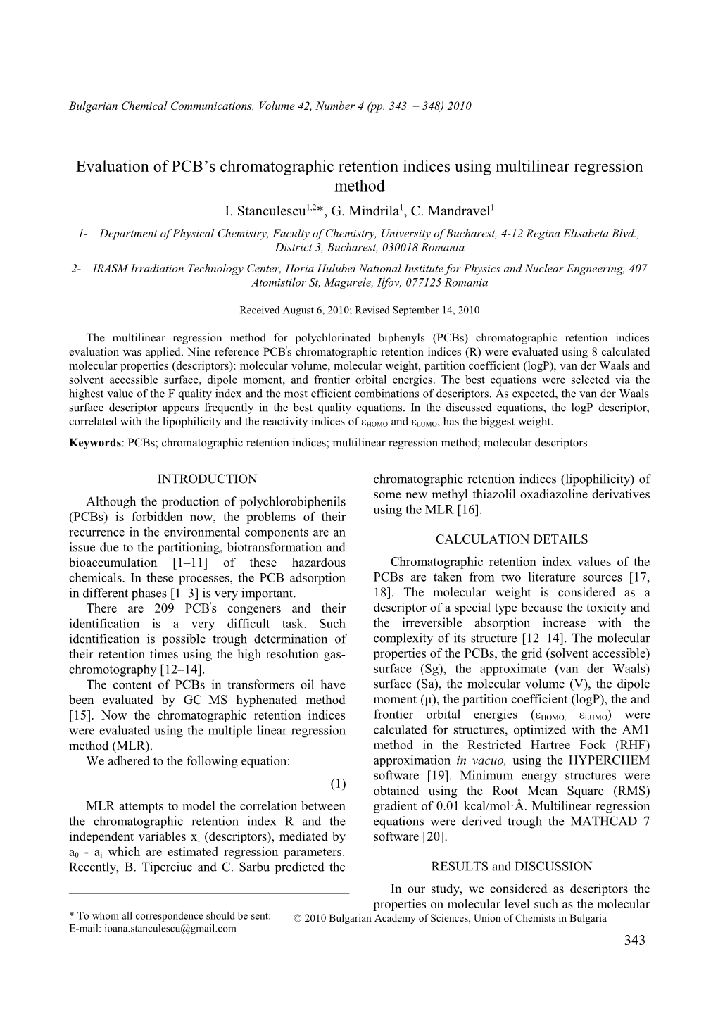I. Stanculescu Et Al.: Evaluation of PCB Chromatographic Retention Indices Using Multilinear