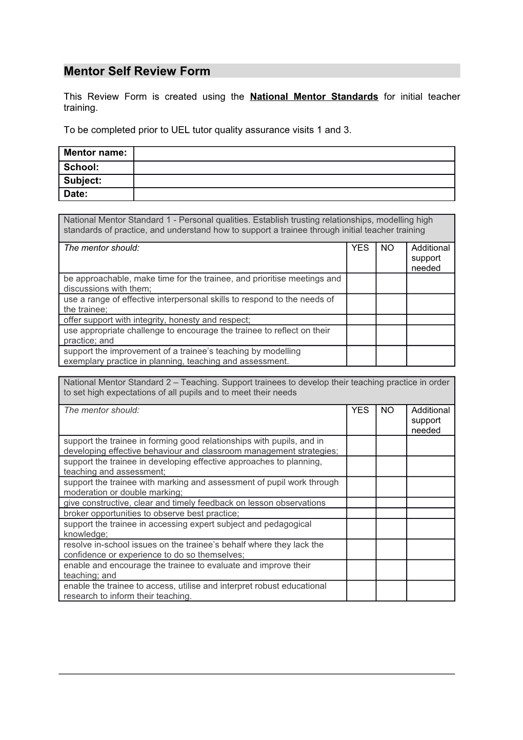 Mentor Self Review Form