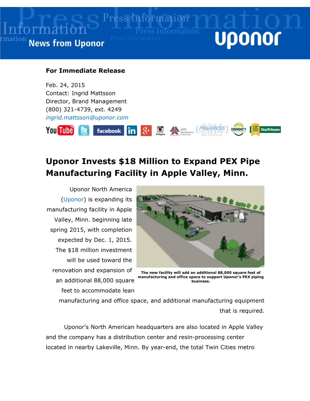 Uponor Expanding PEX Piping Manufacturing Facility