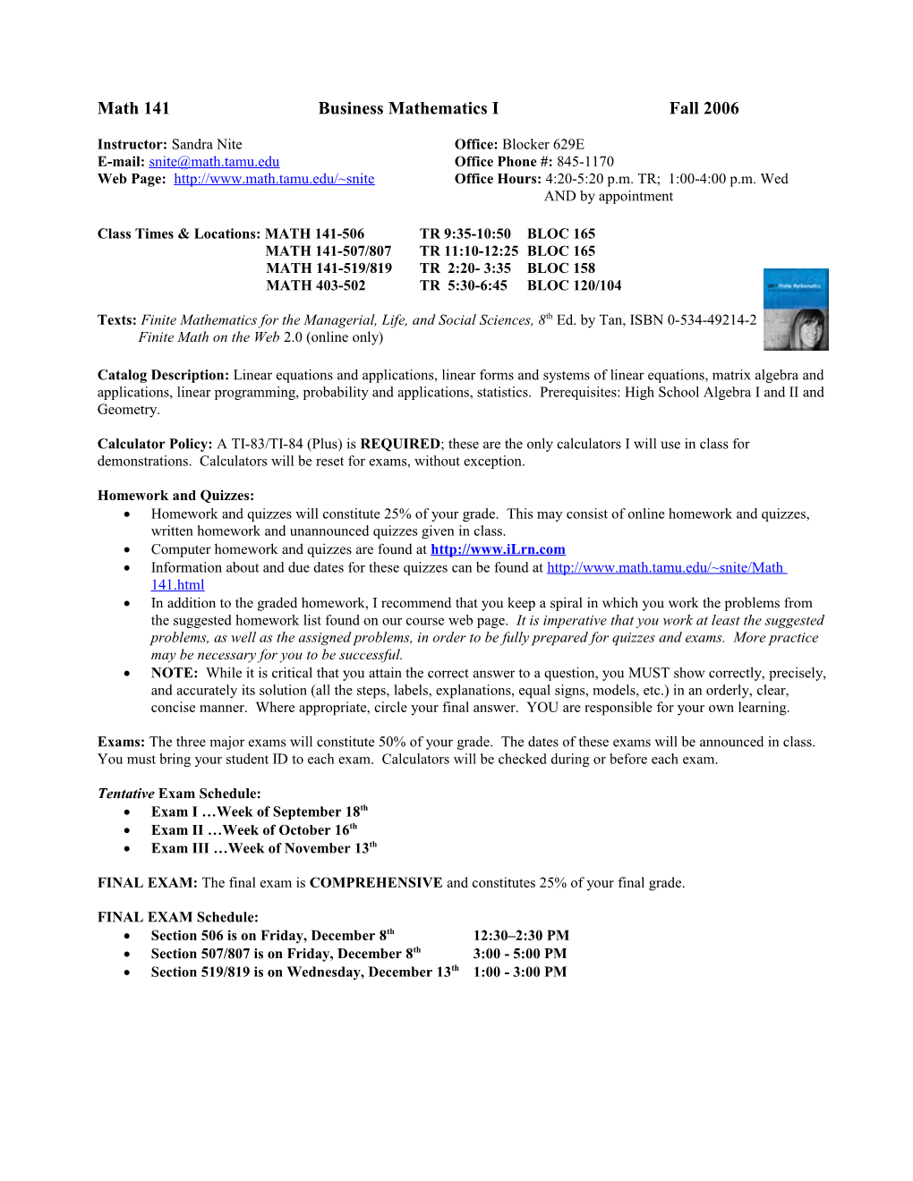 Math 141 Business Mathematics I Fall 2006