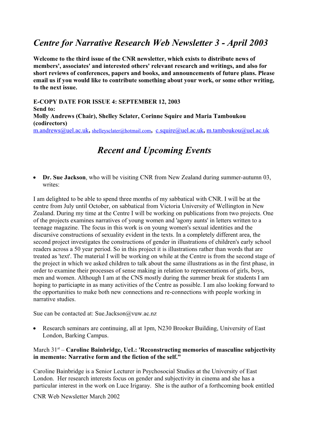 Centre for Narrative Research Web Newsletter 1 - April 2002
