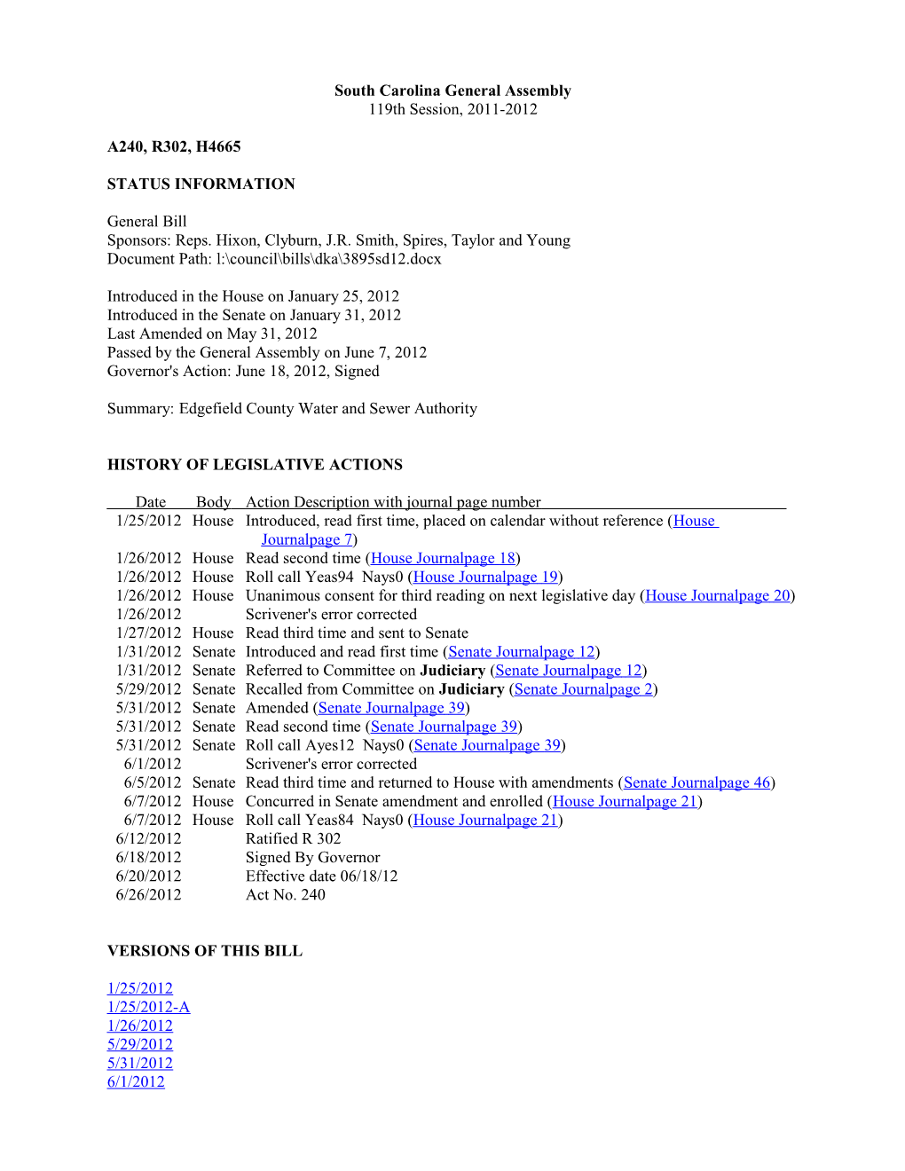 2011-2012 Bill 4665: Edgefield County Water and Sewer Authority - South Carolina Legislature