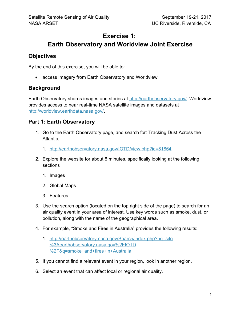 Exercise 1: Earth Observatory and Worldview Joint Exercise