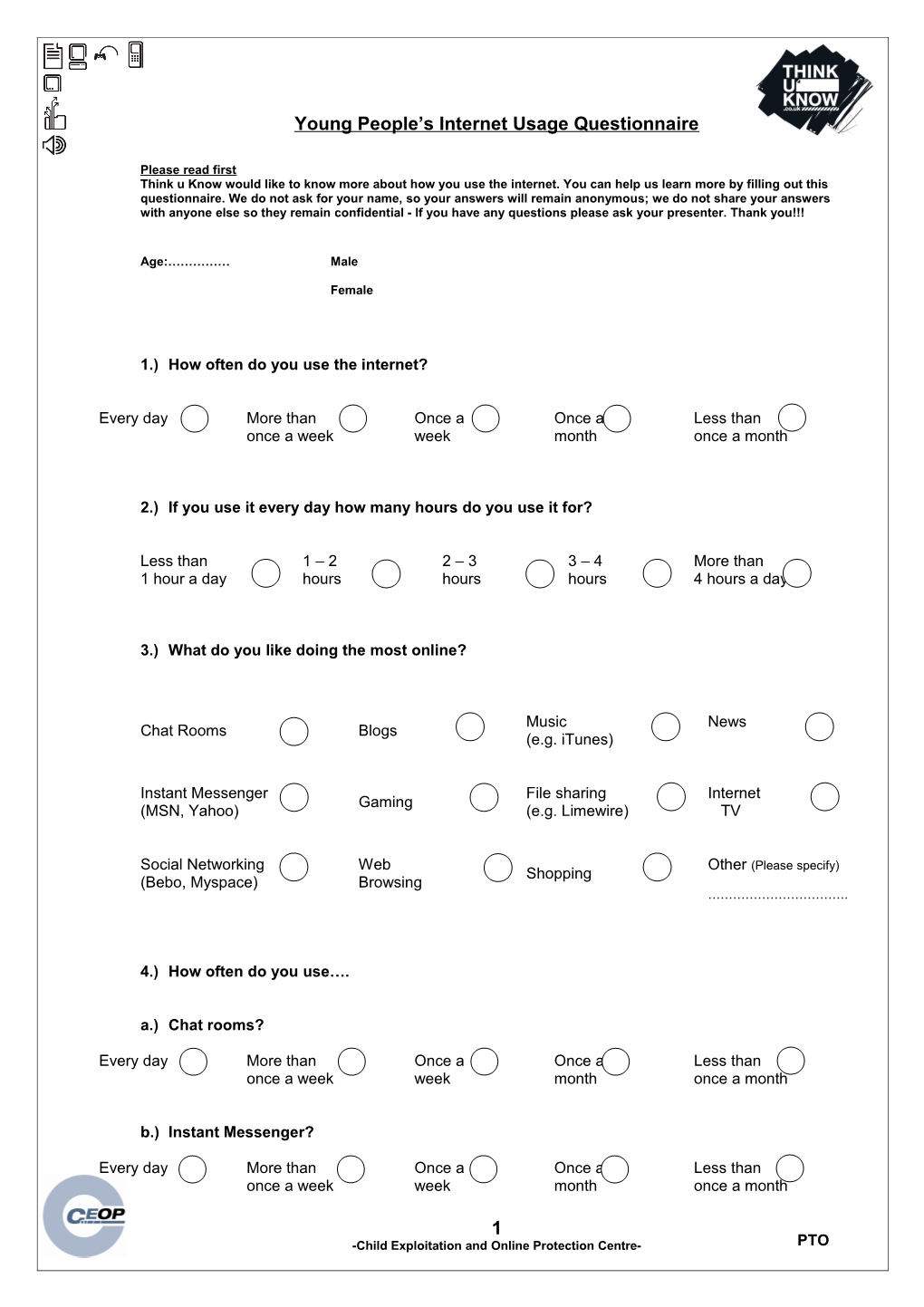 Young People's Internet Usage Questionnaires