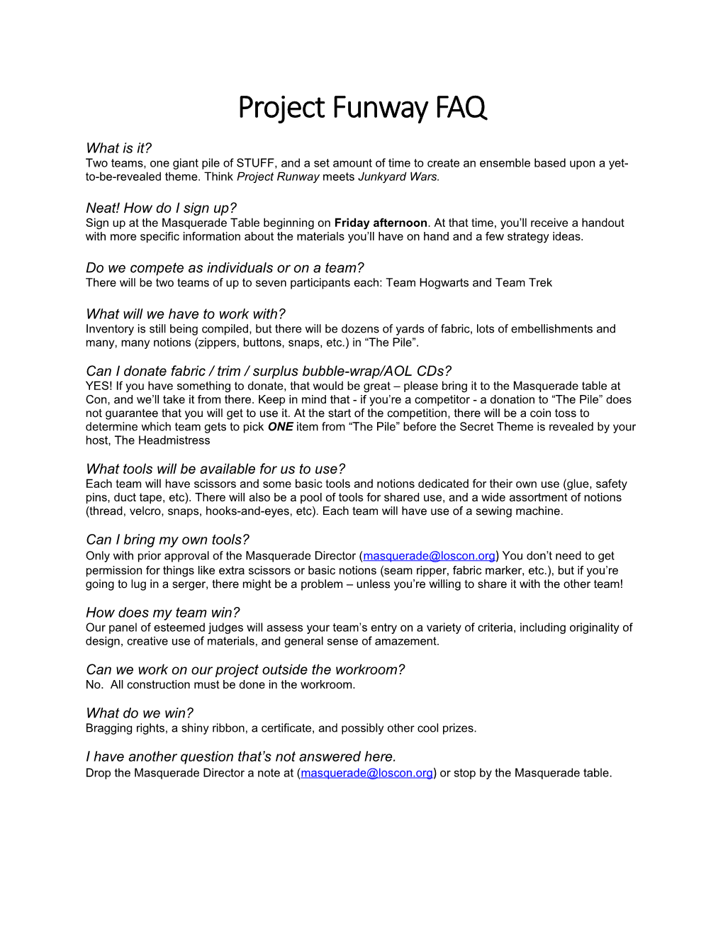 Project Funway FAQ