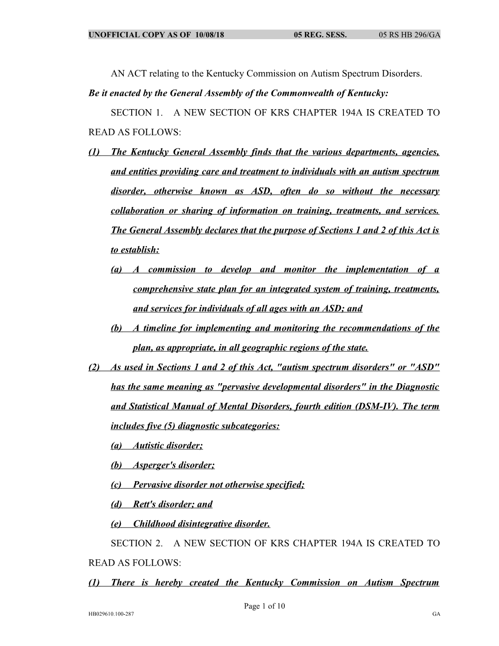 AN ACT Relating to the Kentucky Commission on Autism Spectrum Disorders