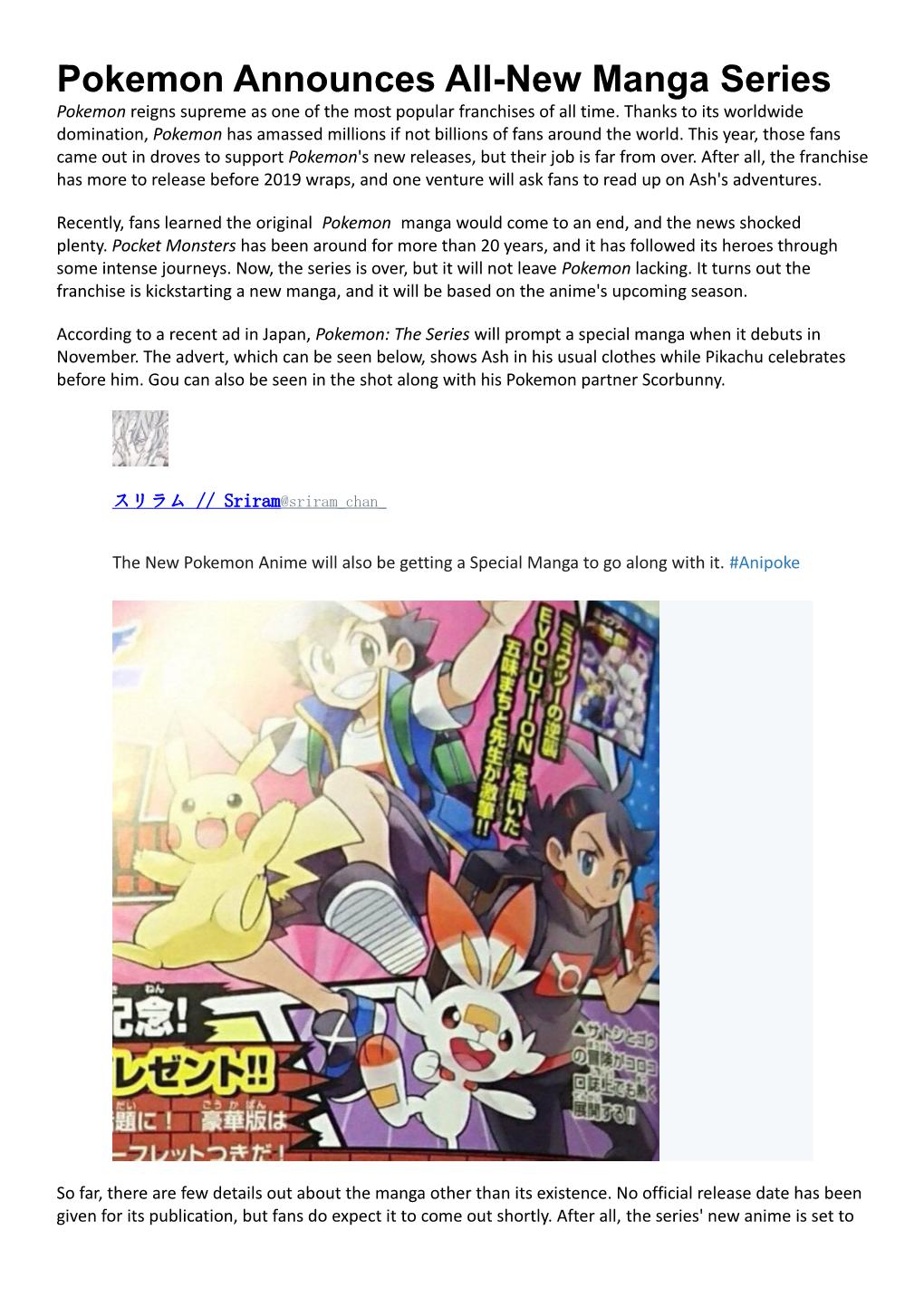Pokemon Announces All-New Manga Series