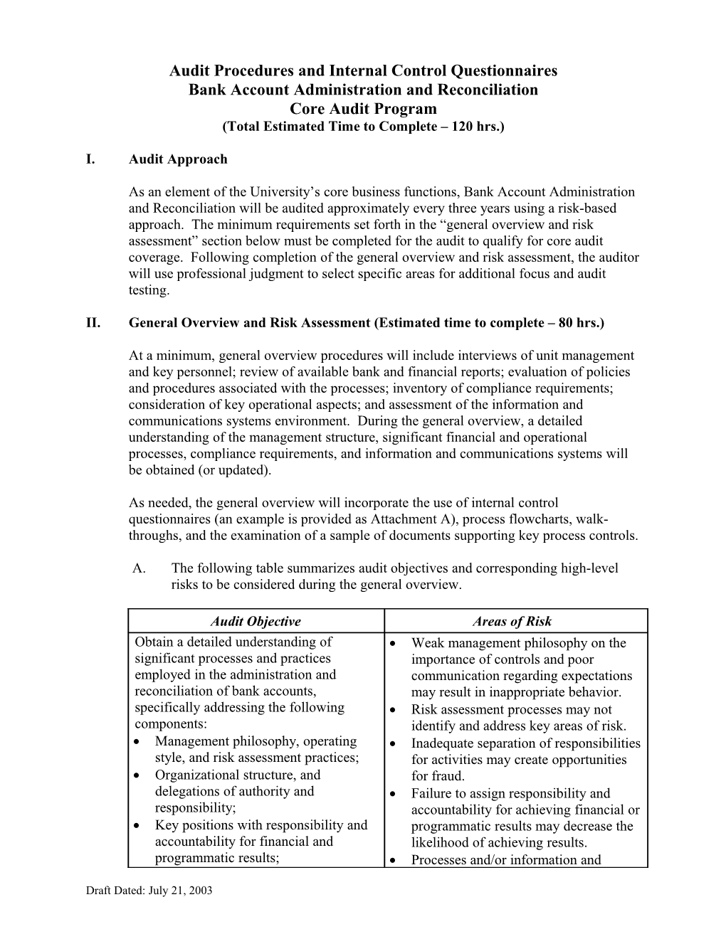 Audit Procedures and Internal Control Questionnaires