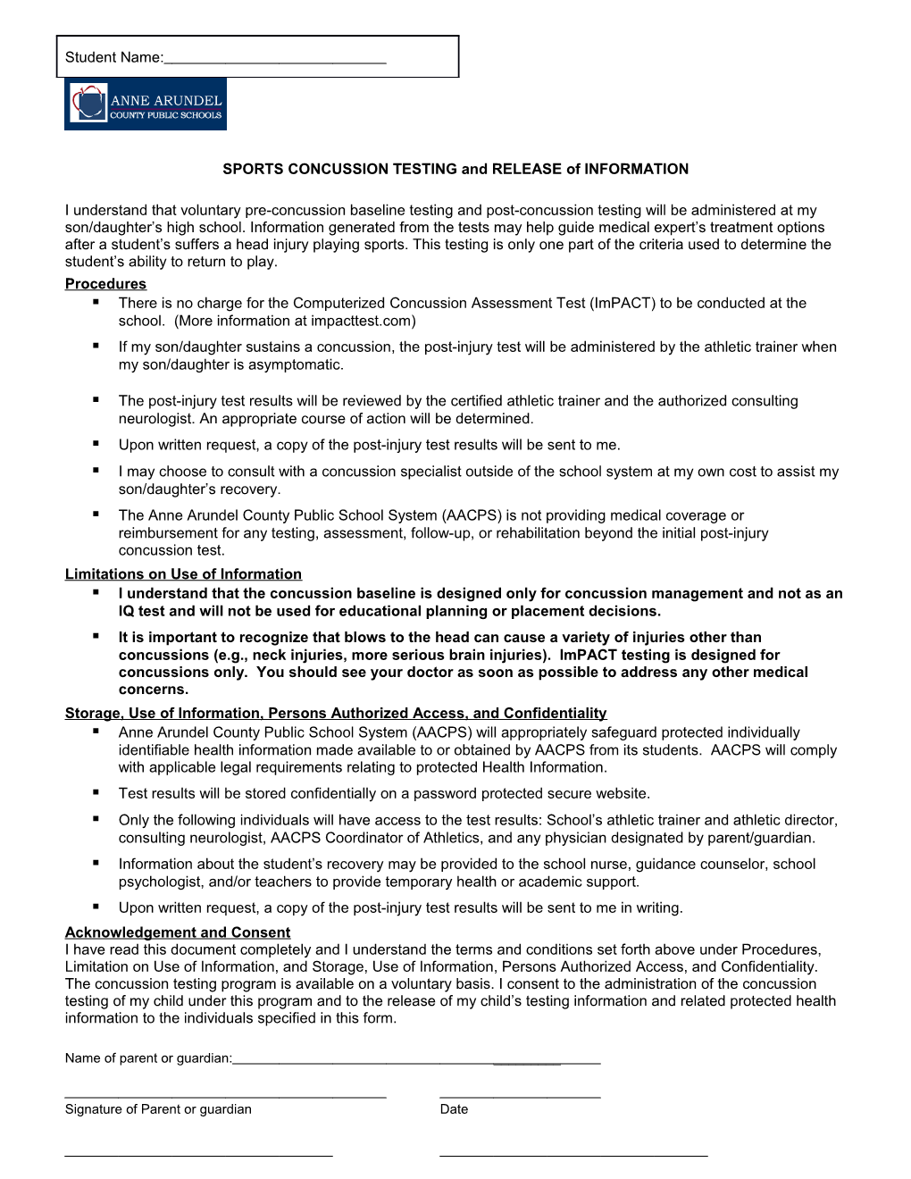 SPORTS CONCUSSION TESTING and RELEASE of INFORMATION