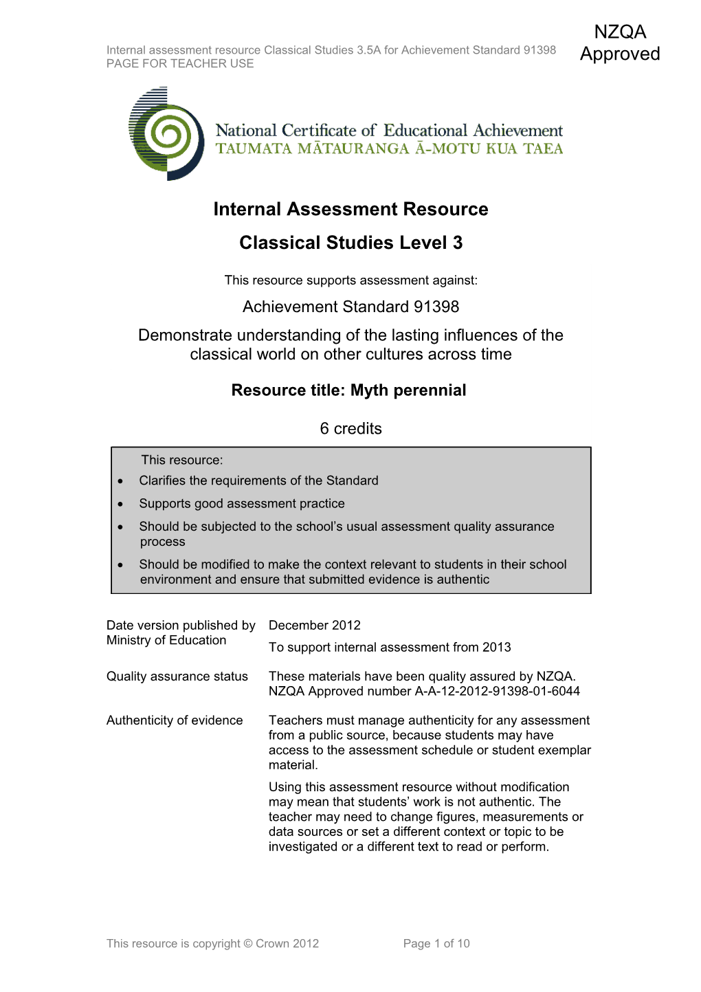 Level 3 Classical Studies Internal Assessment Resource