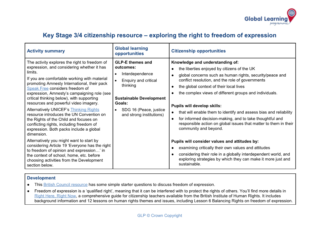Key Stage 3/4 Citizenship Resource Exploring the Right to Freedom of Expression