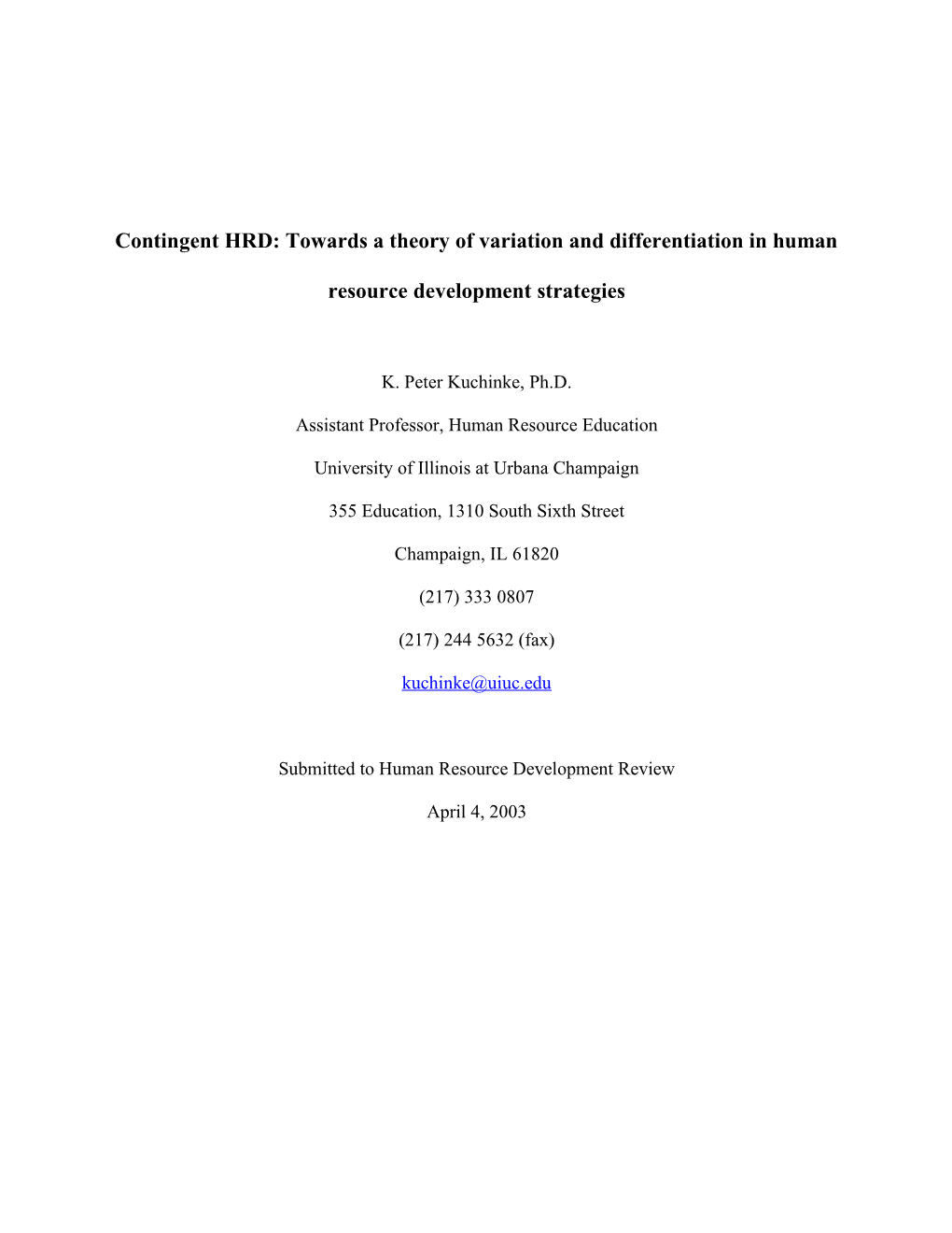 Contingent HRD: Towards a Theory of Variation and Differentiation in Human Resource Development