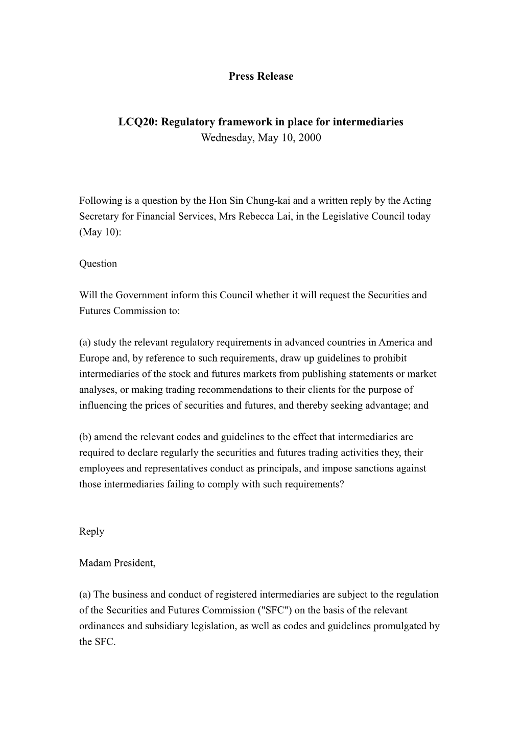 LCQ20: Regulatory Framework in Place for Intermediaries