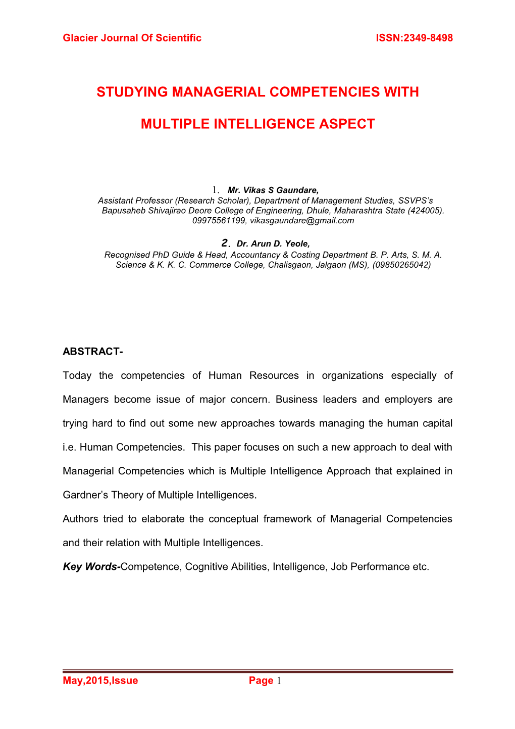 Studying Managerial Competencies with Multiple Intelligence Aspect