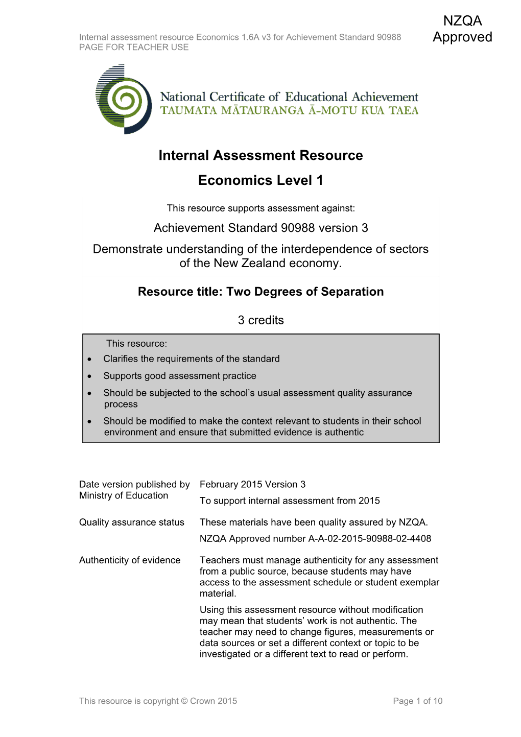 Level 1 Economics Internal Assessment Resource