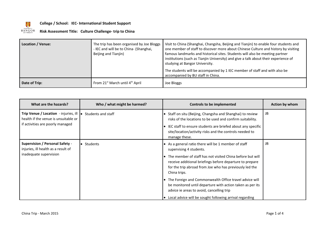 Risk Assessment Title: Culture Challenge- Trip to China