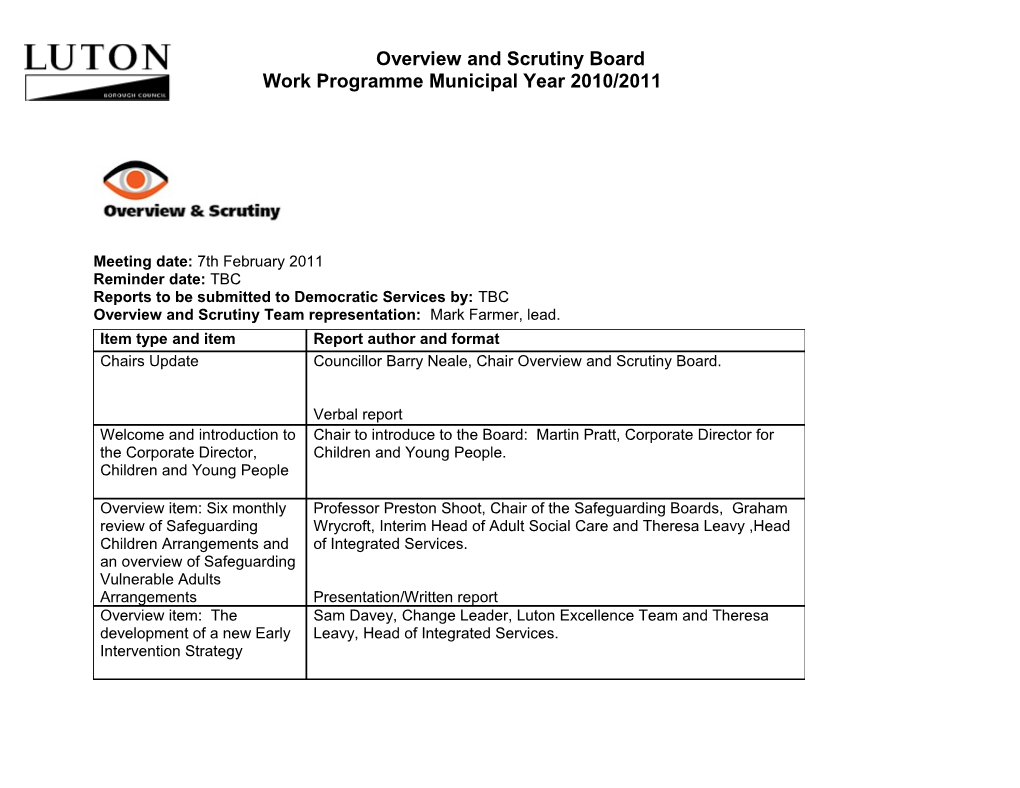 Overview and Scrutiny Board Work Programme 2010-2011