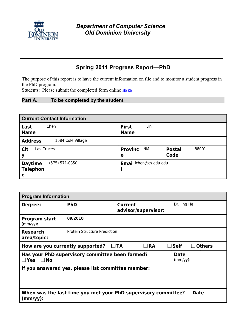 Phd Progress Form - ODU CS