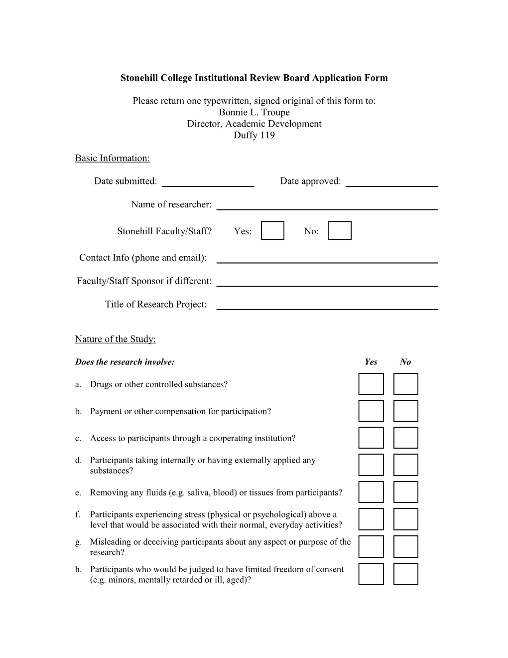 Stonehill College Institutional Review Board Application Form