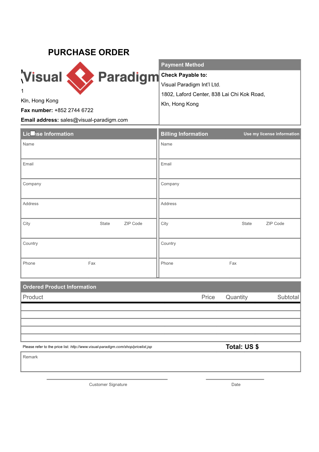 Offline Purchase Order Form for Payment by Check