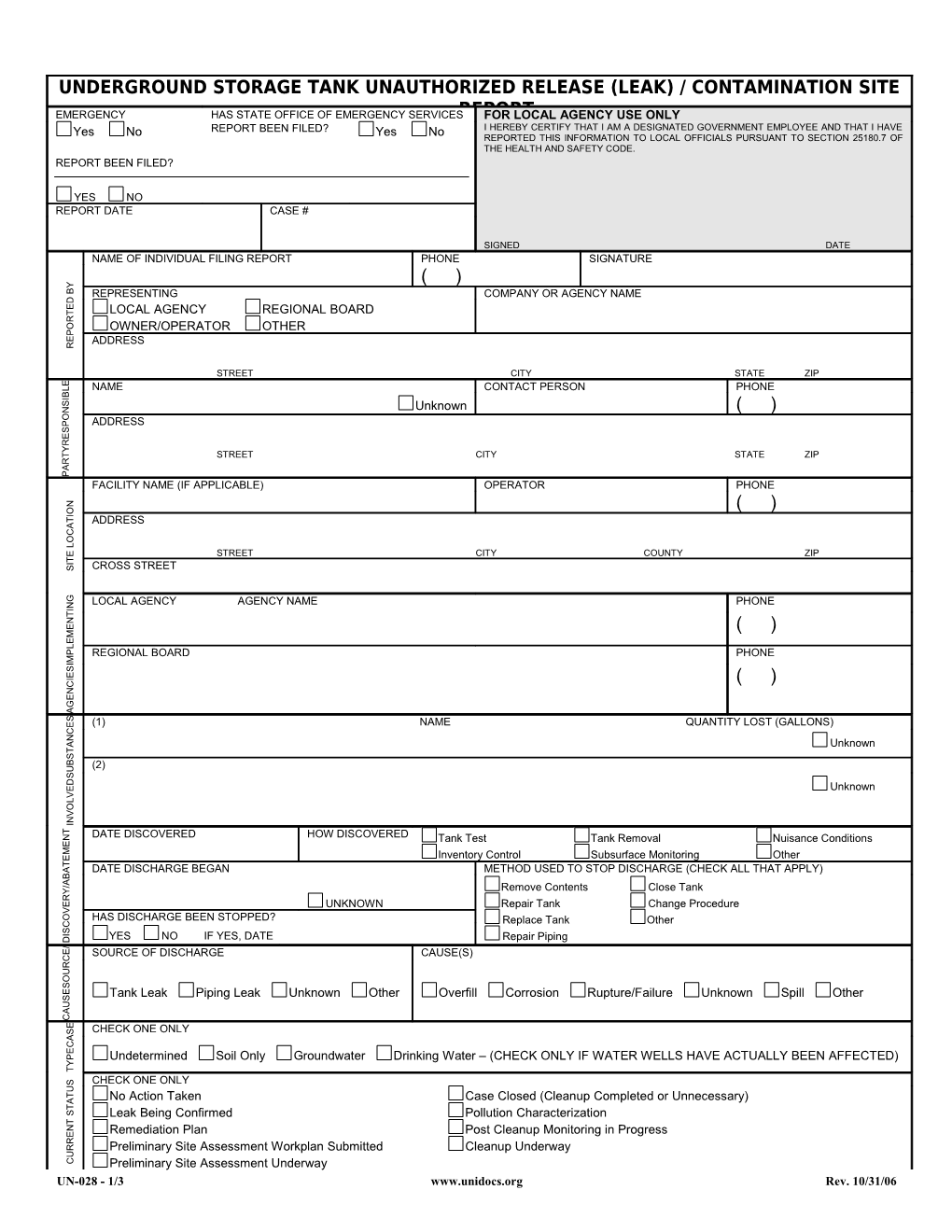 UST Unauthorized Release (Leak) / Contamination Site Report