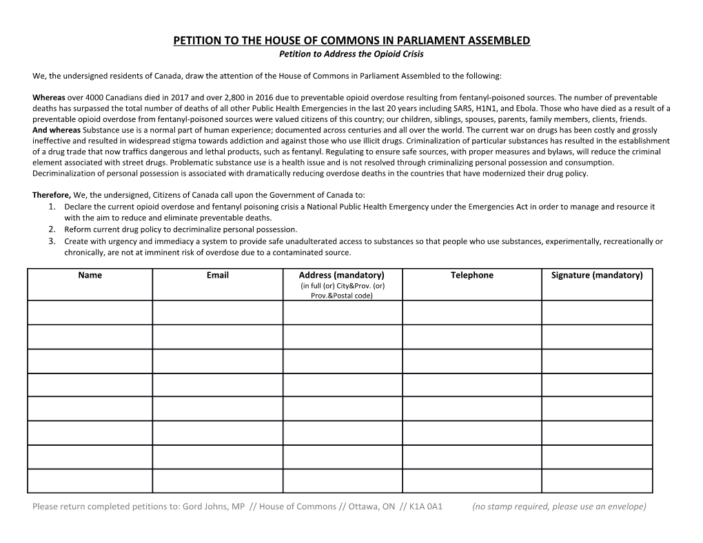 Petition to the House of Commons in Parliament Assembled