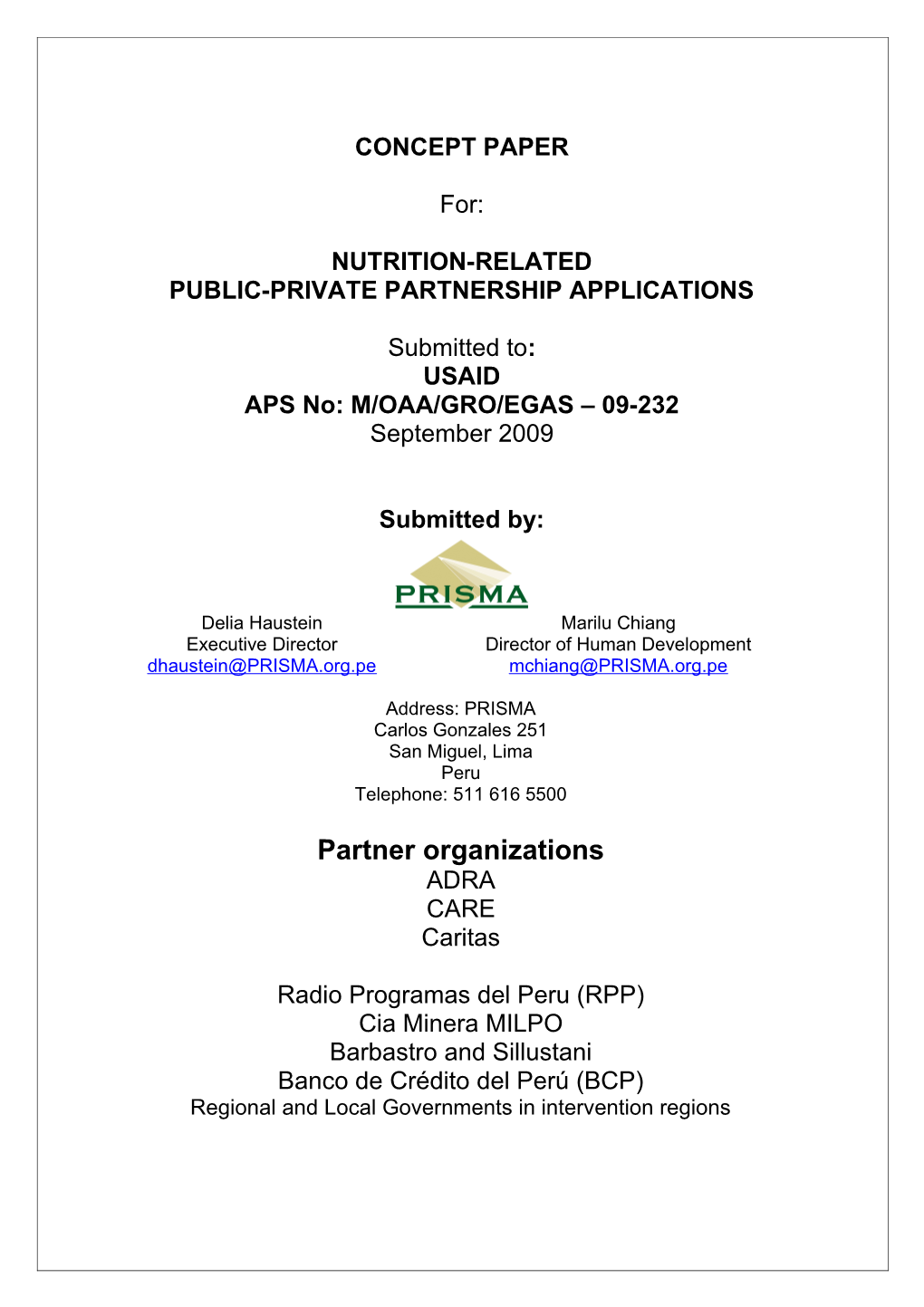 Alliance for Child Nutrition - APS No: M/OAA/GRO/EGAS 09-232