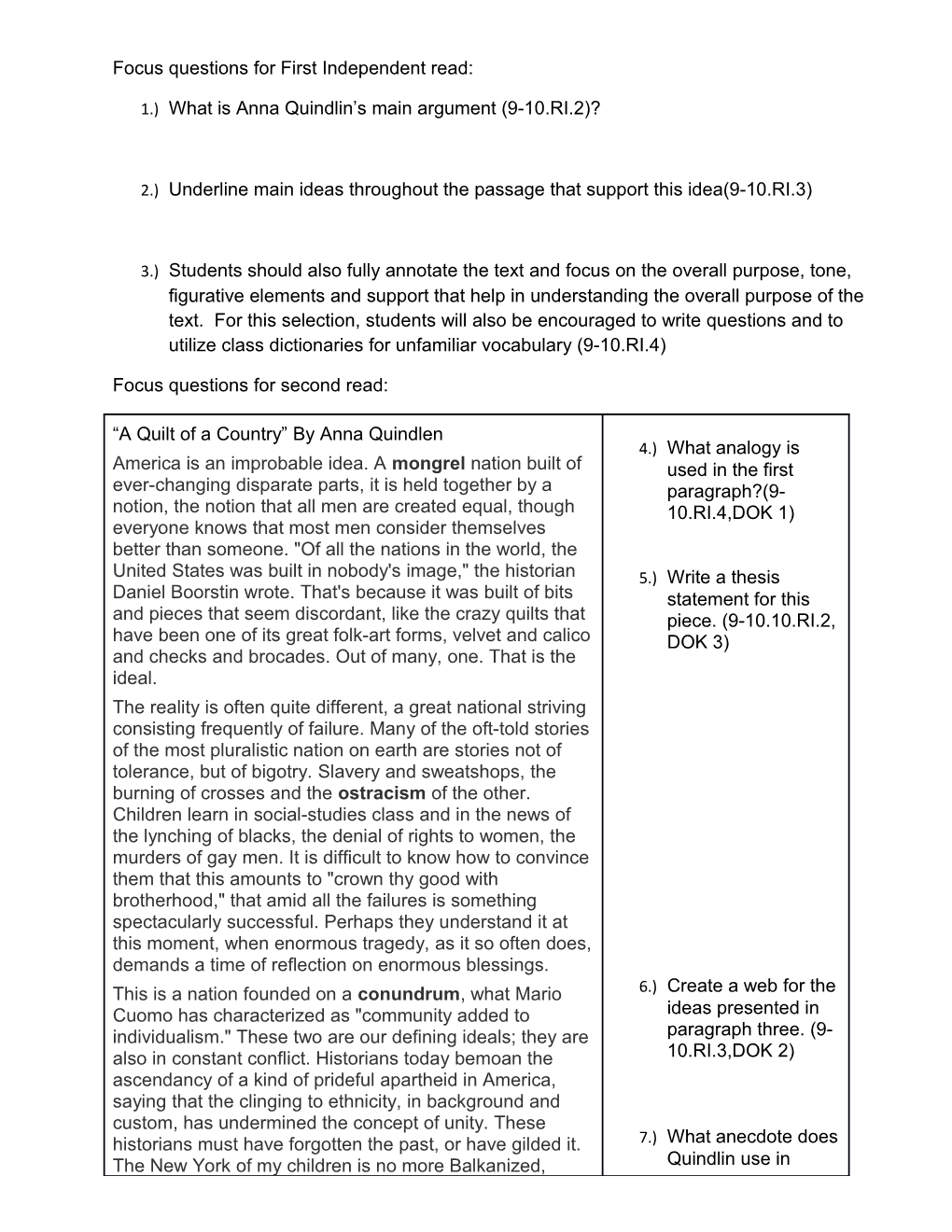 Focus Questions for First Independent Read