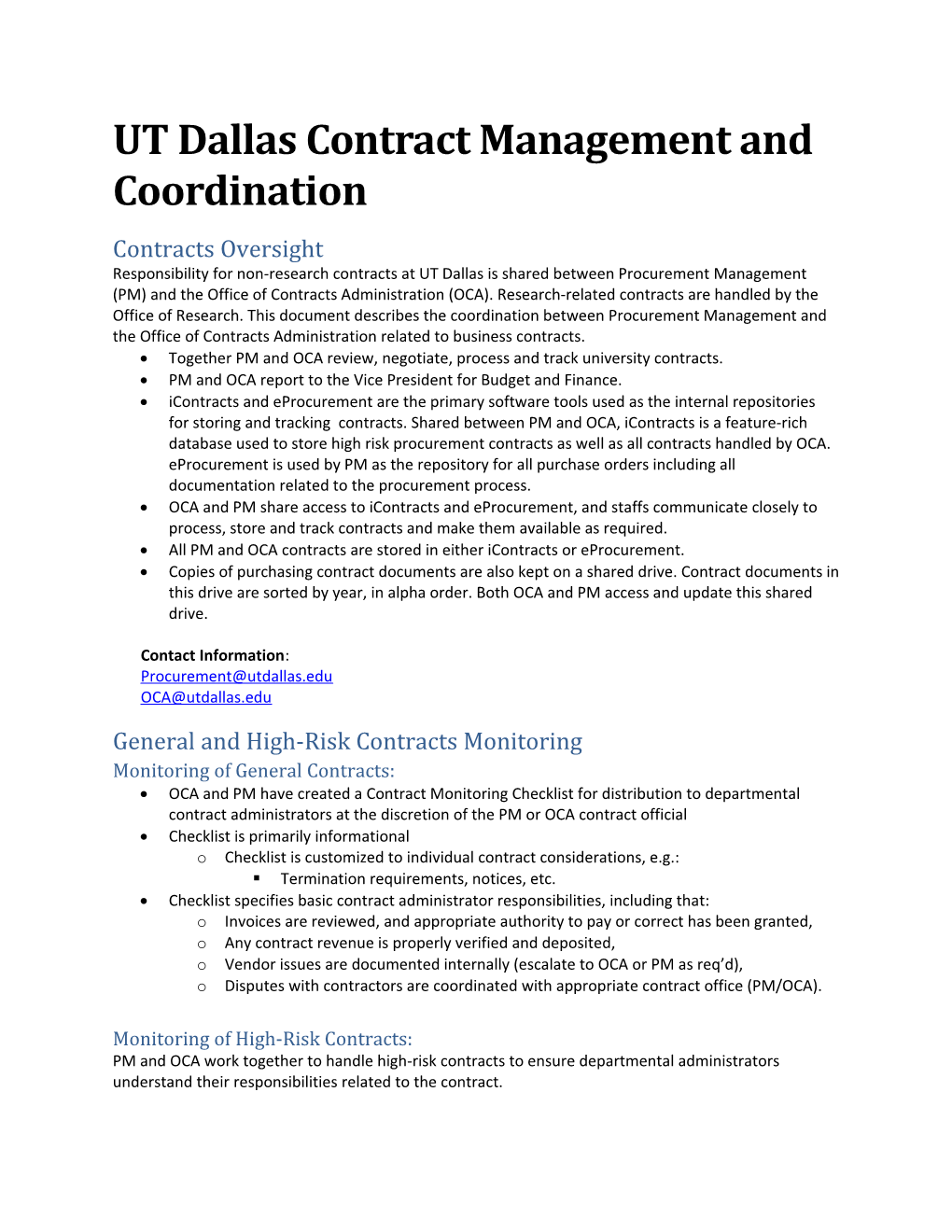 UT Dallas Contract Management and Coordination