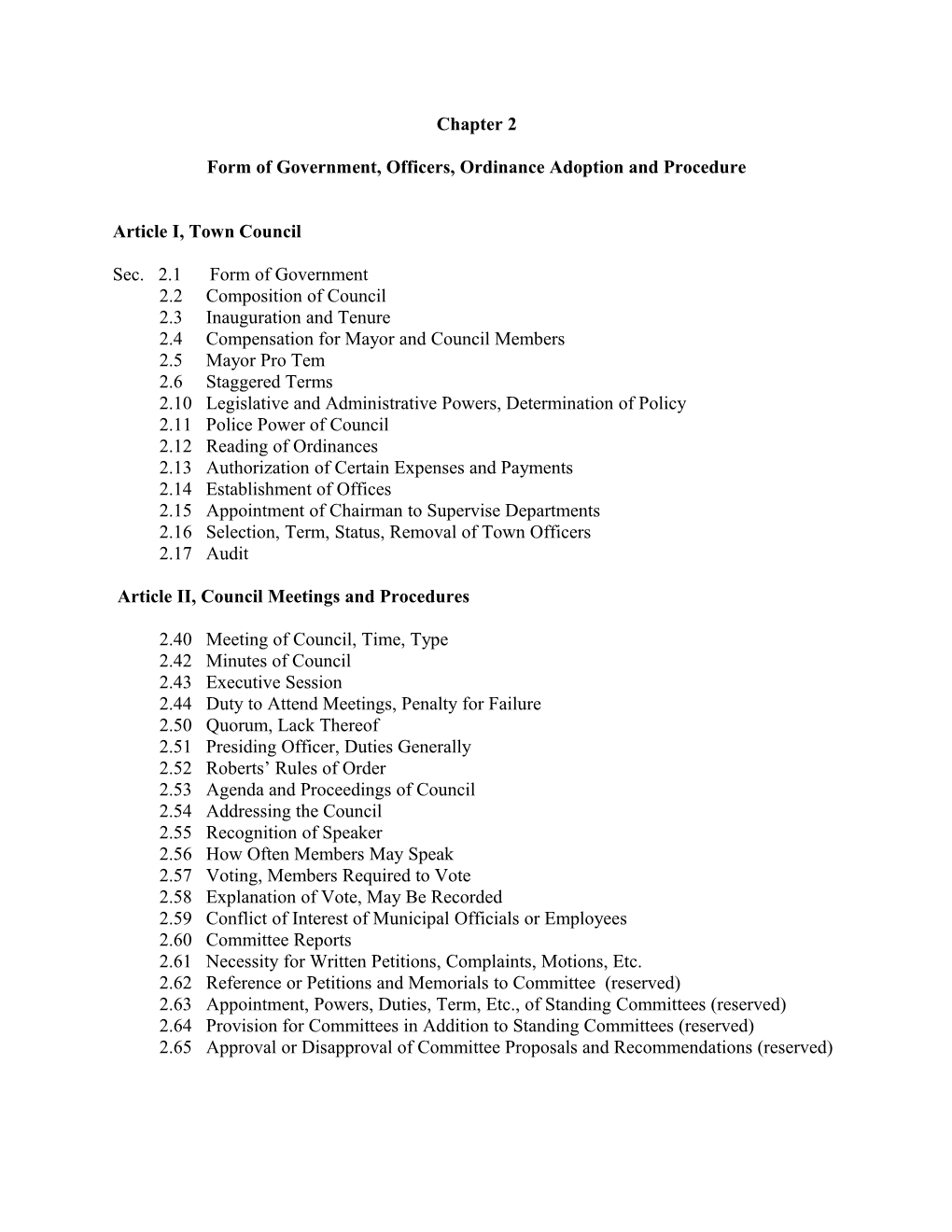 Form of Government, Officers, Ordinance Adoption and Procedure