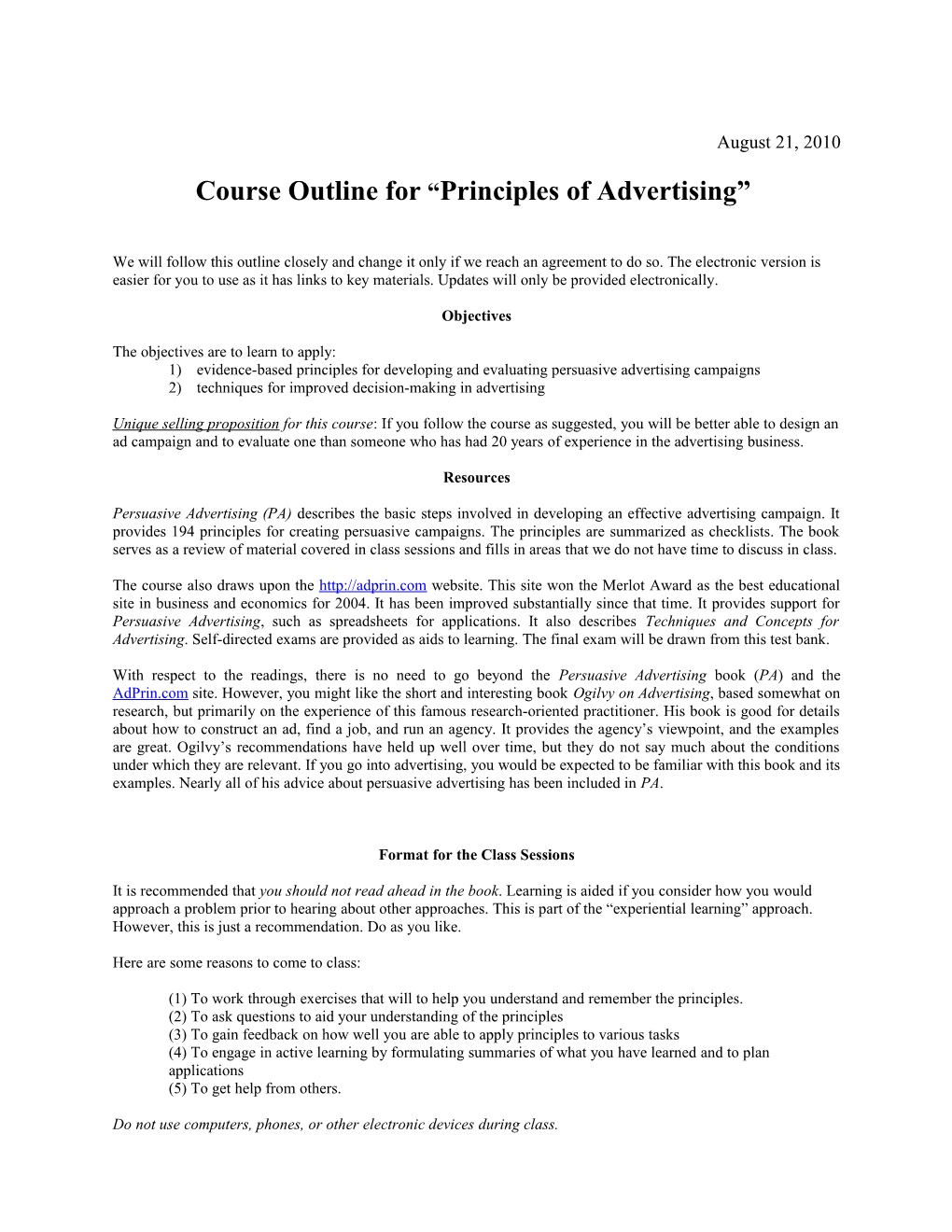 Course Outline for Principles of Advertising