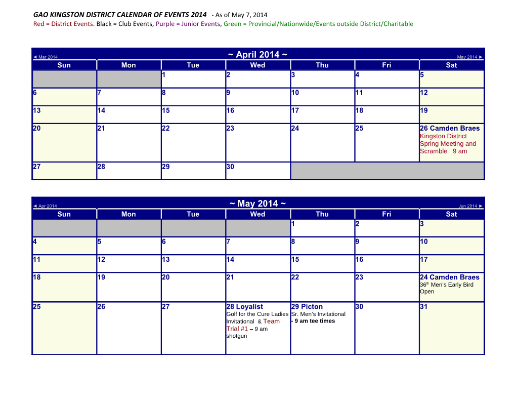 GAO KINGSTON DISTRICT CALENDAR of EVENTS 2014 - As of May 7, 2014