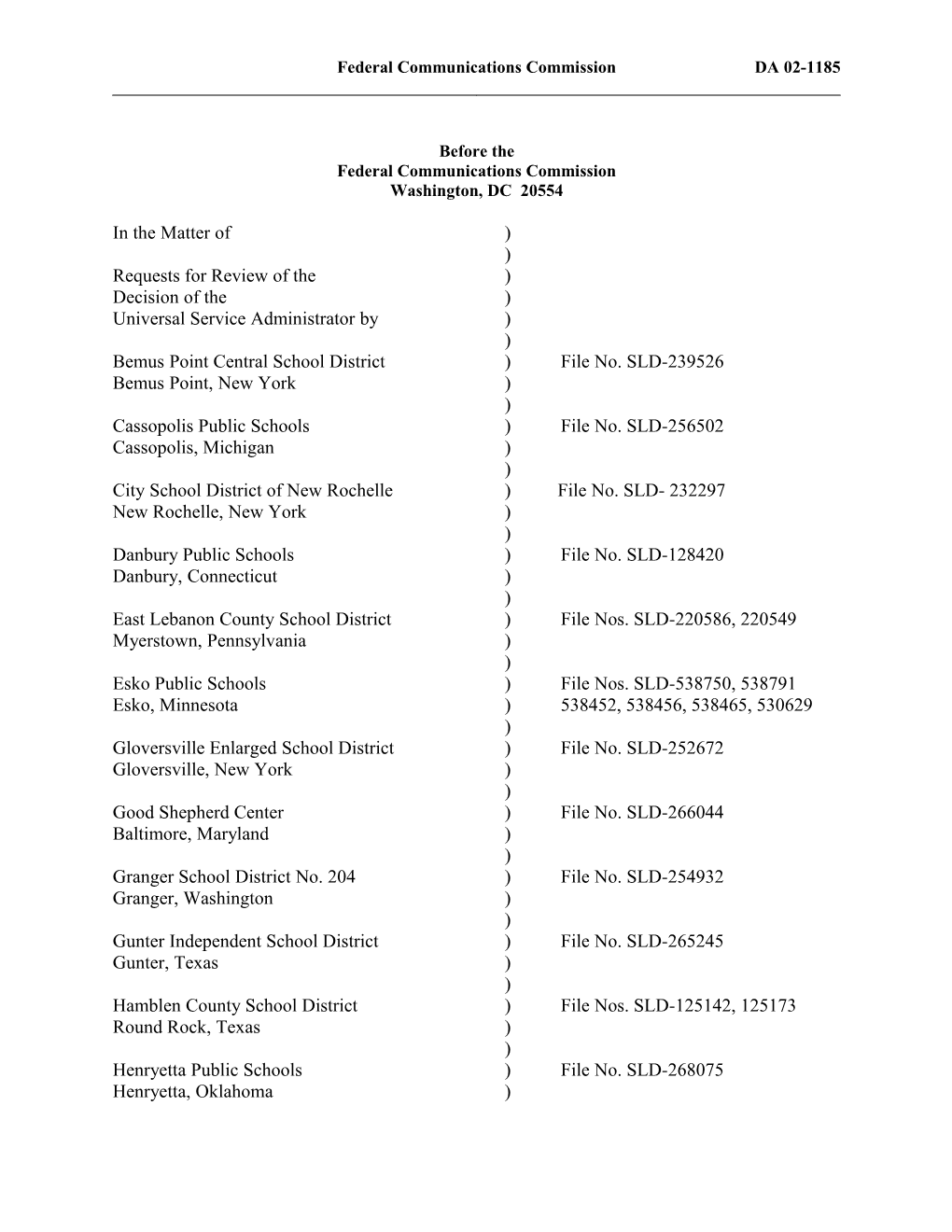 Federal Communications Commission DA 02-1185