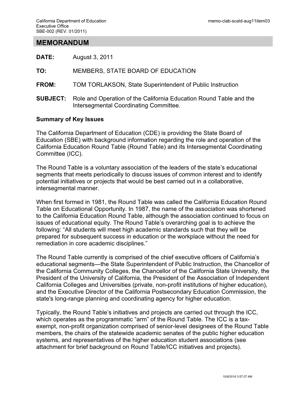 August 2011 Memorandum SCALD Item 3 - Information Memorandum (CA State Board of Education)