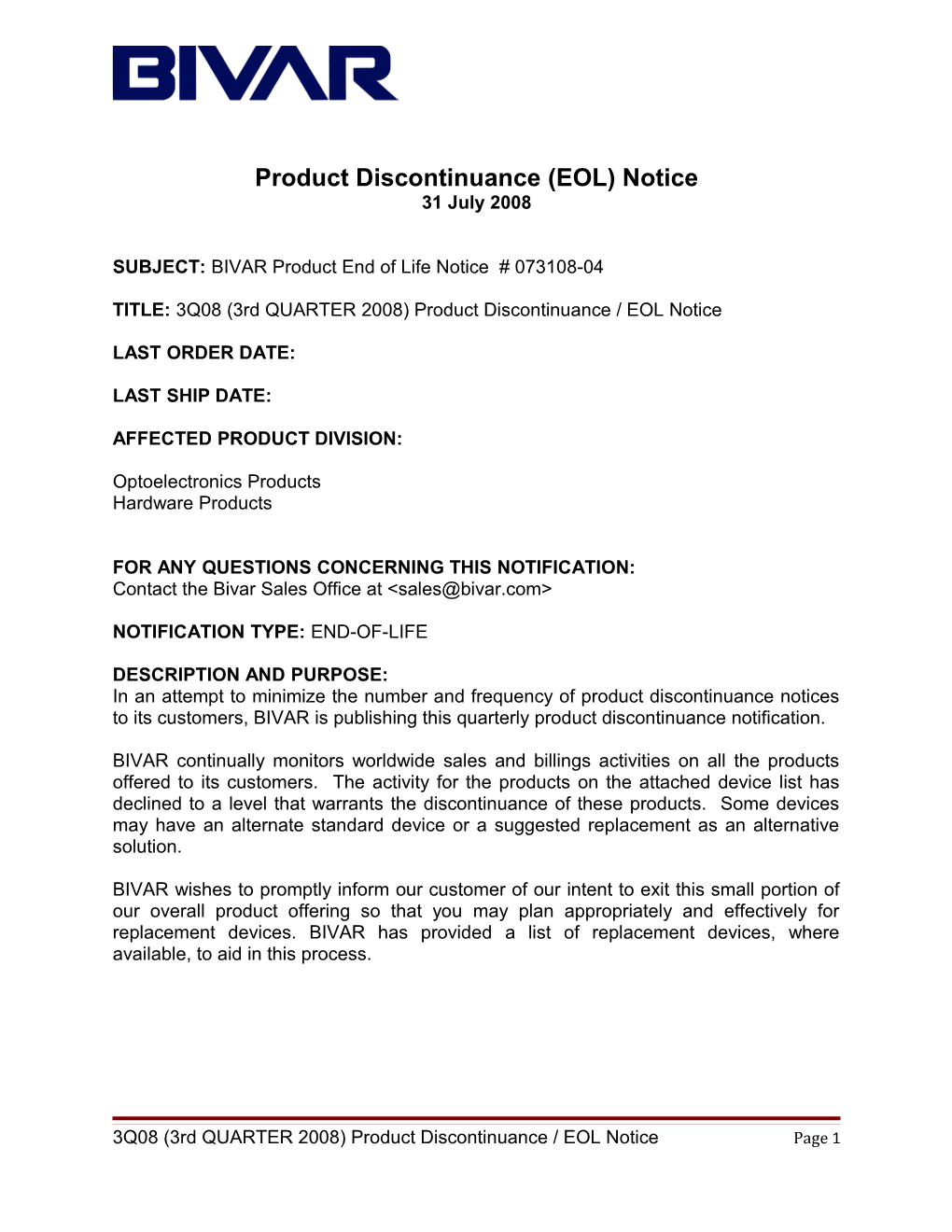 Product Discontinuance (EOL) Notice