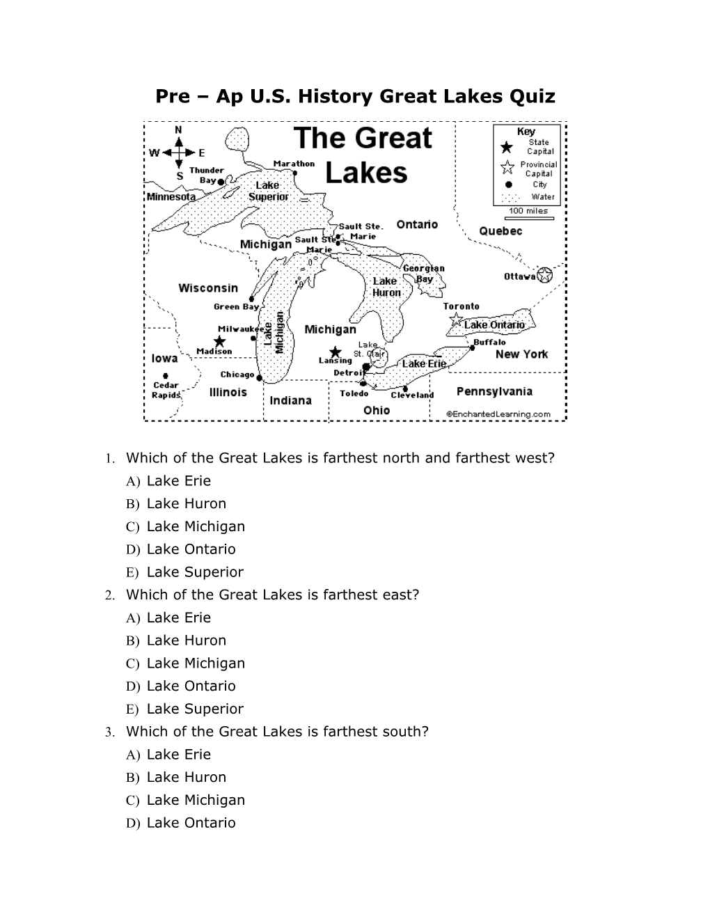 Pre Ap U.S. History Great Lakes Quiz