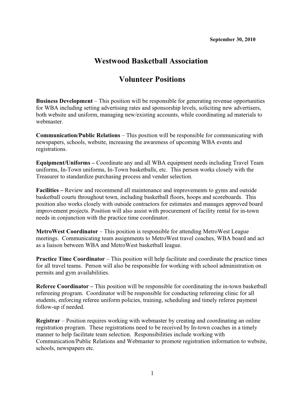 Westwood Basketball Board Positions