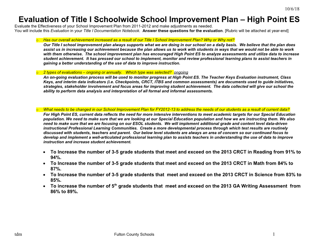 Evaluation of Title I Schoolwide School Improvement Plan High Point ES