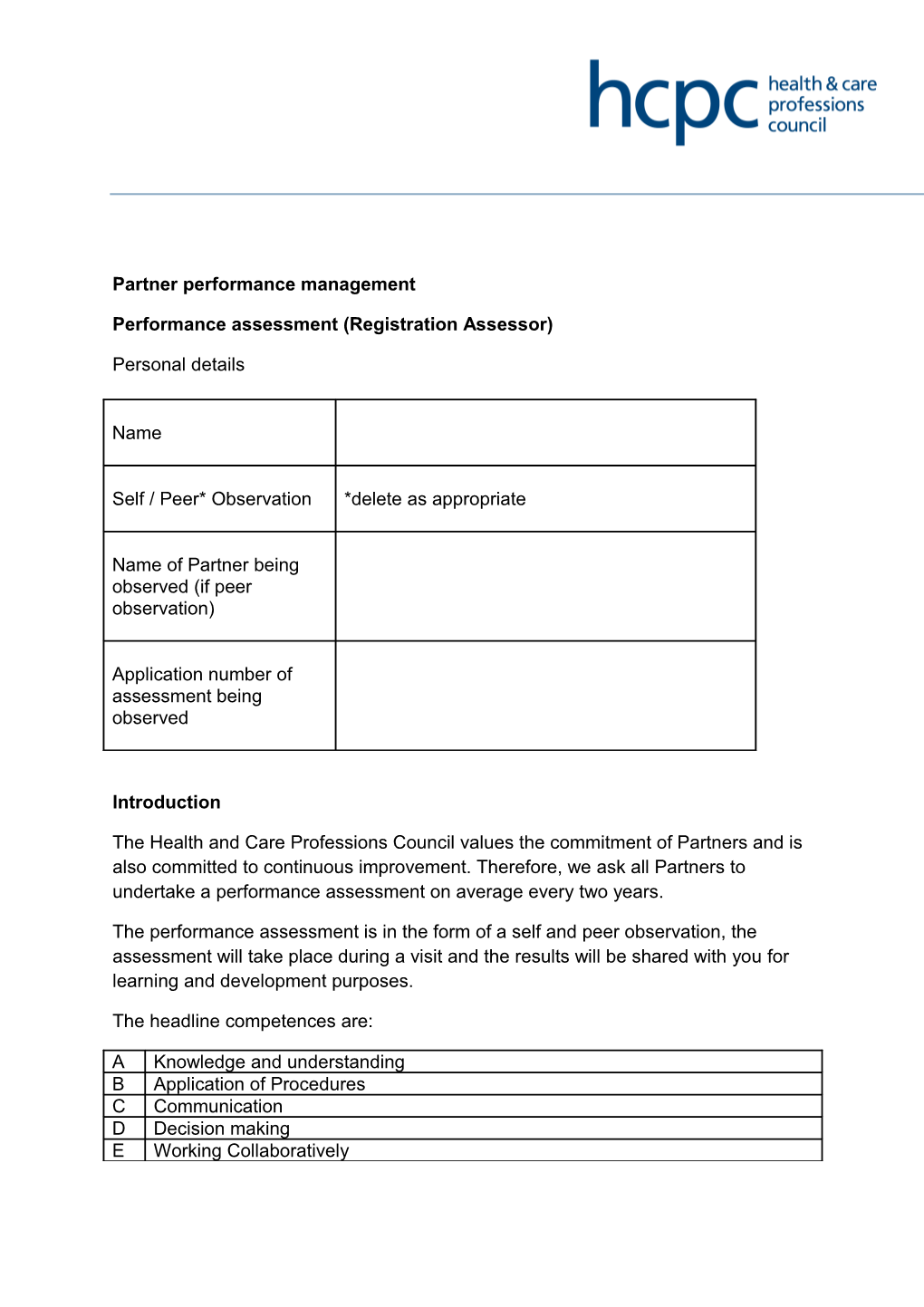 Performance Assessment (Registration Assessor)