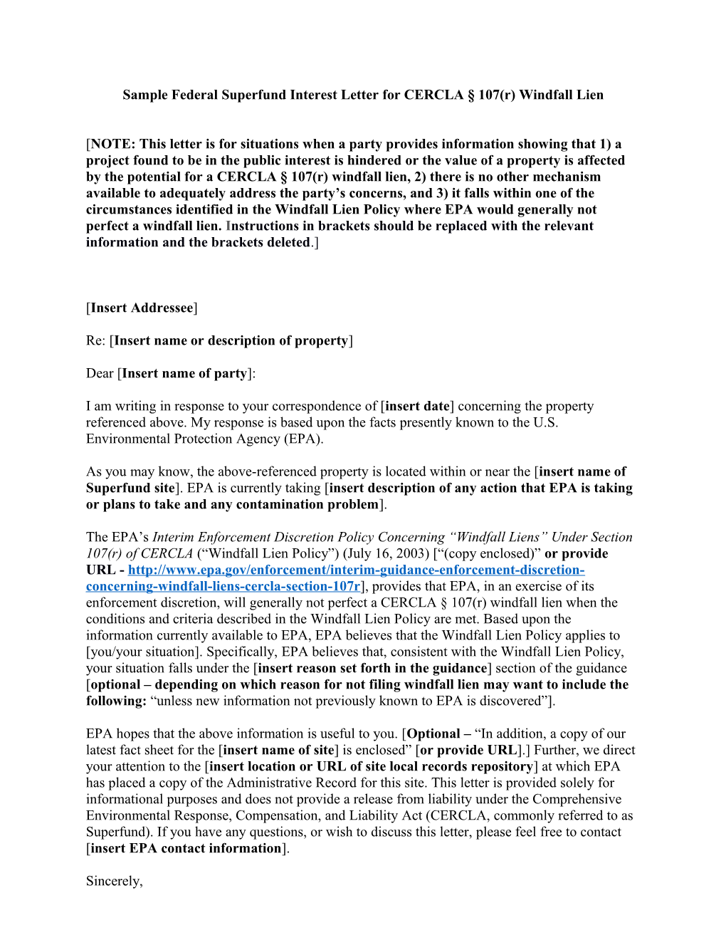 Sample Federal Superfund Interest Letter for CERCLA 107(R) Windfall Lien