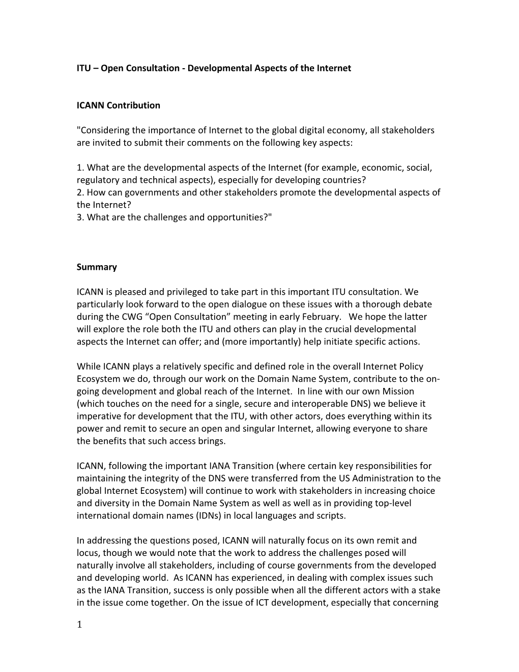 ITU Open Consultation - Developmental Aspects of the Internet