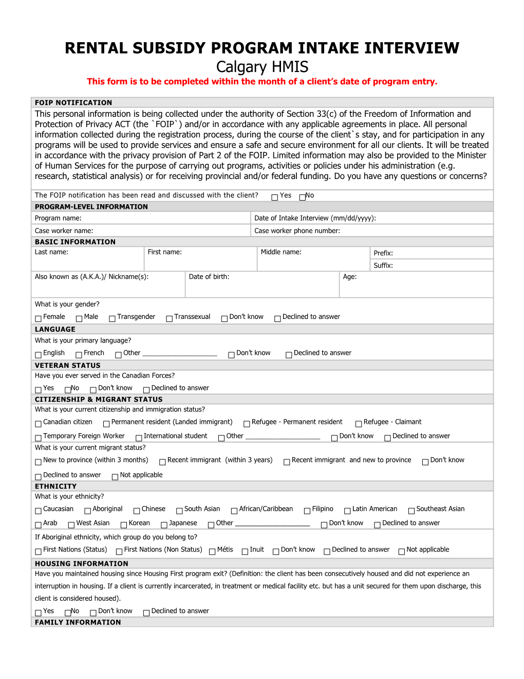 Rental Subsidy Programintake Interview