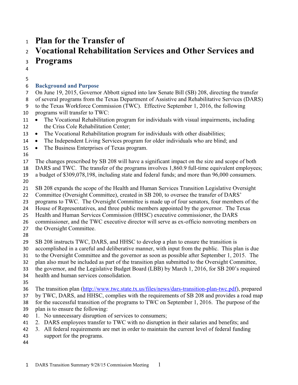 TWC Commission Meeting Materials September 28, 2015 - Transition Plan for Vocational