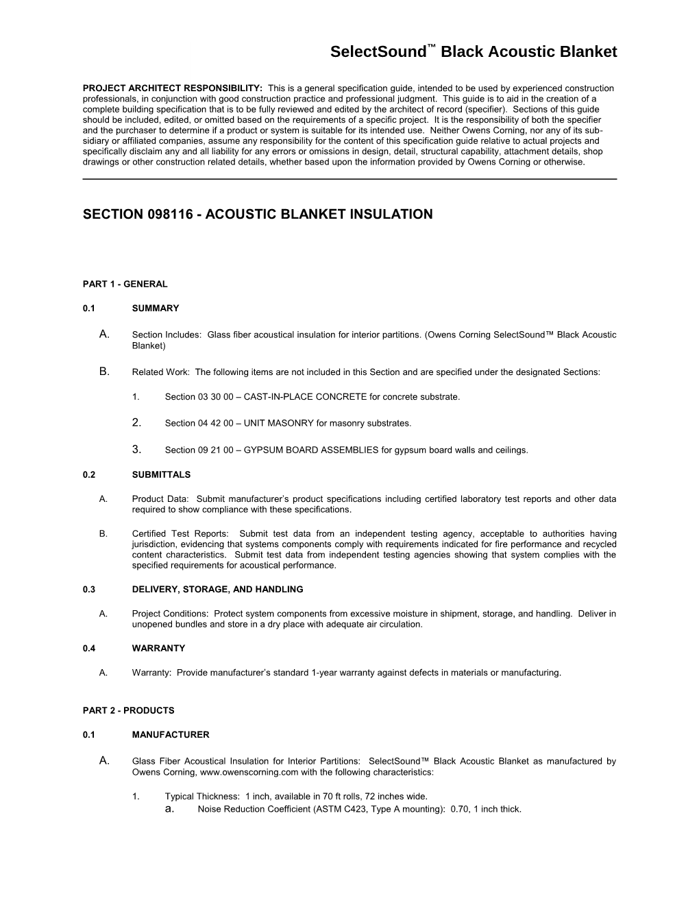Section 098116 - ACOUSTIC BLANKET INSULATION