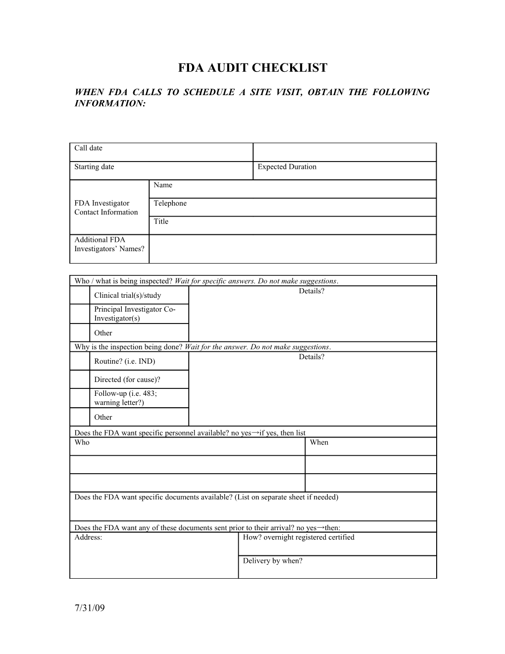 When Fda Calls to Schedule a Site Visit, Obtain the Following Information